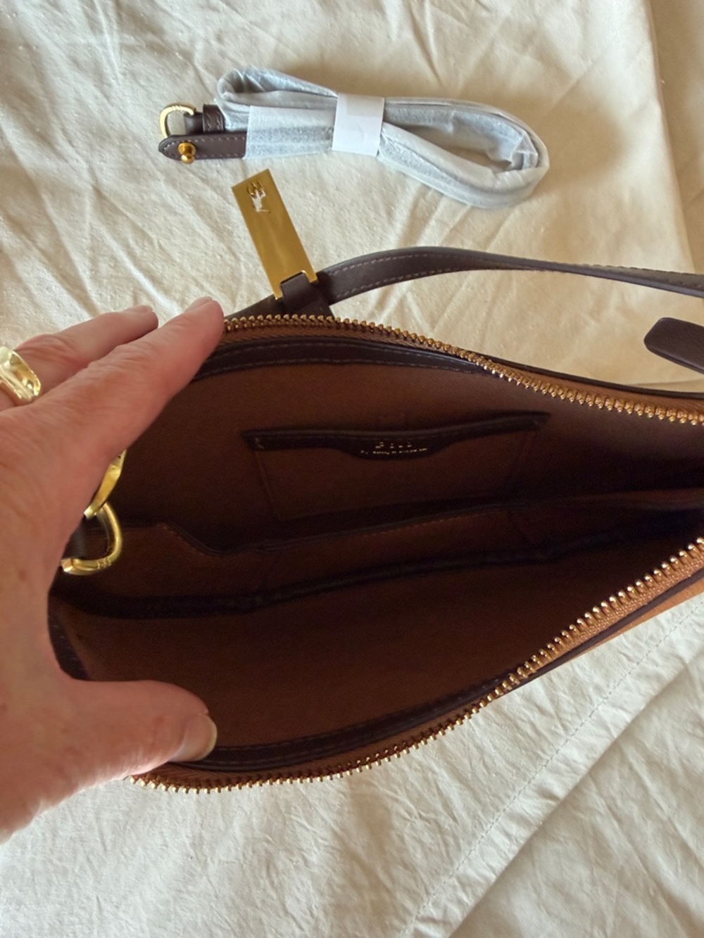Alternative suede Chestnut Crescent Shoulder Bag with Dark Brown Trim - Picture 5 of 7